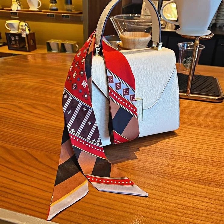 Twilly Scarf Geometric Harmony 100% Silk Bag Handle Ribbon, Wrist & Hair Scarf, 6×105cm Silk Twilly Scarf - Tomlynam