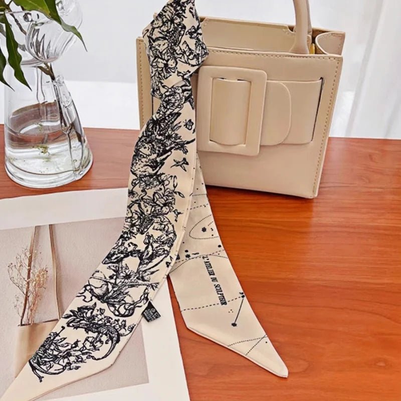 Twilly Scarf Noir & Ivory Vintage 100% Silk Bag Handle Ribbon, Wrist & Hair Scarf, 5×97cm Silk Twilly Scarf - Tomlynam