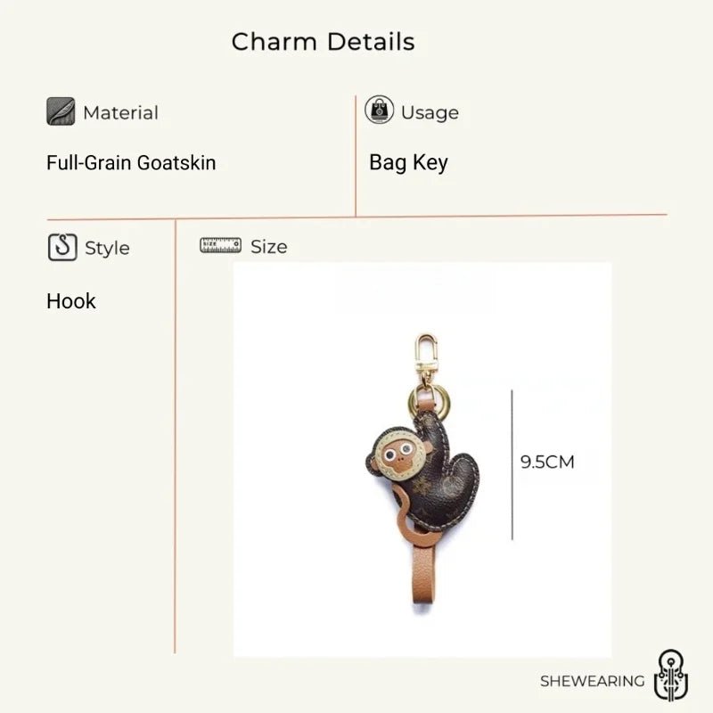 Vintage - Inspired Monkey Leather Keychain – Handcrafted Full - Grain Leather Bag Charm | Retro Aesthetic Car Key Holder | Unique Gift for Women - Tomlynam