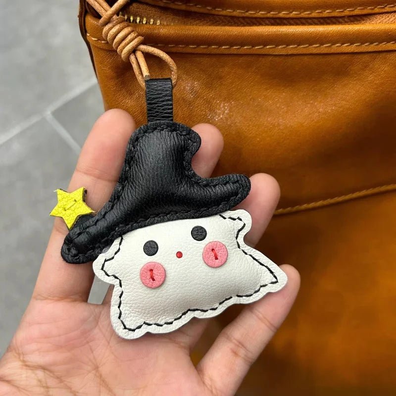 Whimsical Ghostie Leather Bag Charm – Full - Grain Lambskin | Halloween - Inspired Ornament | Cute Backpack & Key Accessory - Tomlynam