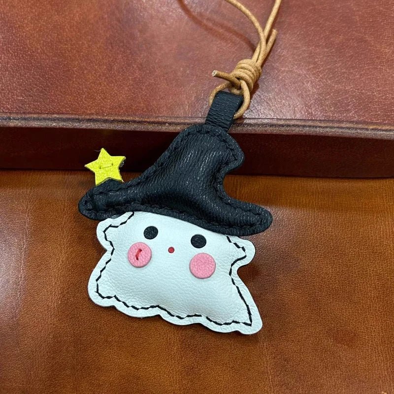 Whimsical Ghostie Leather Bag Charm – Full - Grain Lambskin | Halloween - Inspired Ornament | Cute Backpack & Key Accessory - Tomlynam