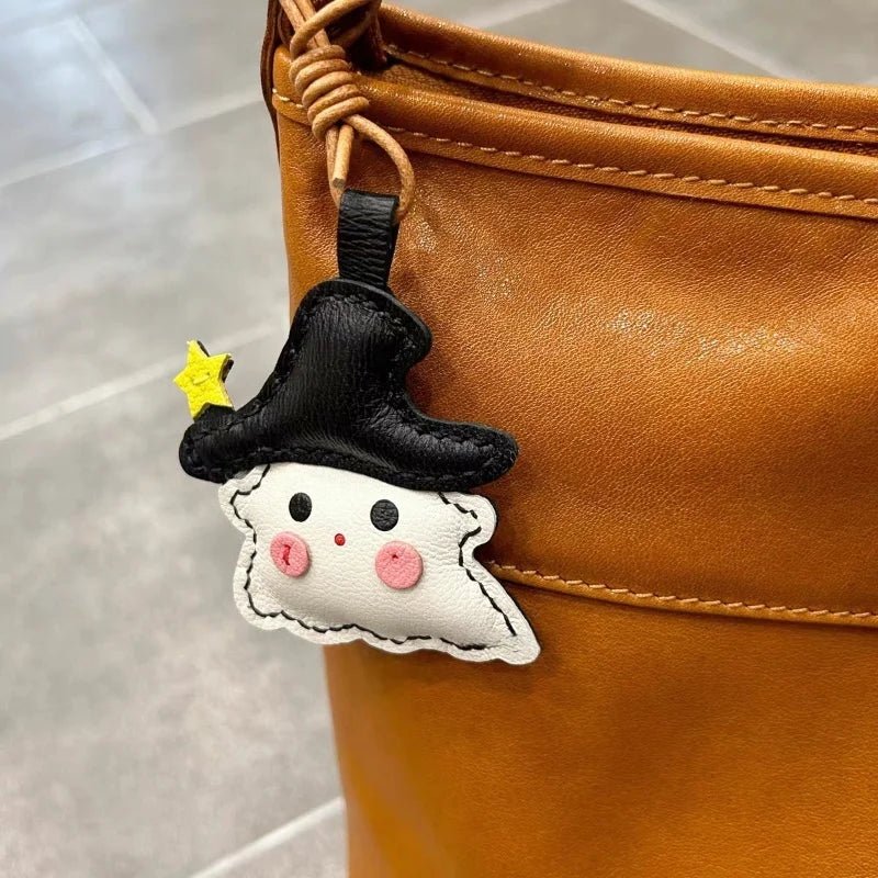 Whimsical Ghostie Leather Bag Charm – Full - Grain Lambskin | Halloween - Inspired Ornament | Cute Backpack & Key Accessory - Tomlynam