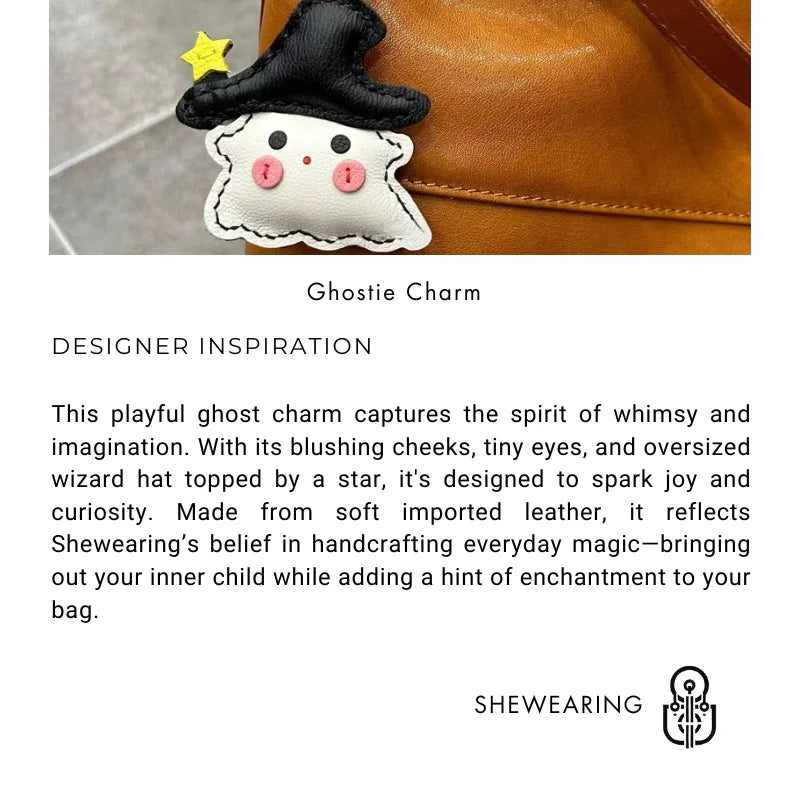Whimsical Ghostie Leather Bag Charm – Full - Grain Lambskin | Halloween - Inspired Ornament | Cute Backpack & Key Accessory - Tomlynam