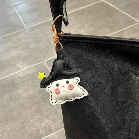 Whimsical Ghostie Leather Bag Charm – Full - Grain Lambskin | Halloween - Inspired Ornament | Cute Backpack & Key Accessory - Tomlynam