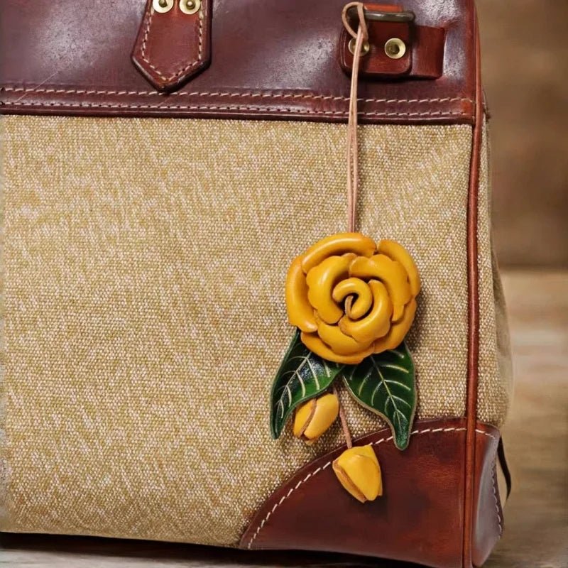 Yellow Rose Leather Bag Charm – Handmade Full - Grain Cowhide Floral Pendant | Hand - Polished Accessory for Tote & Purse Decoration - Tomlynam