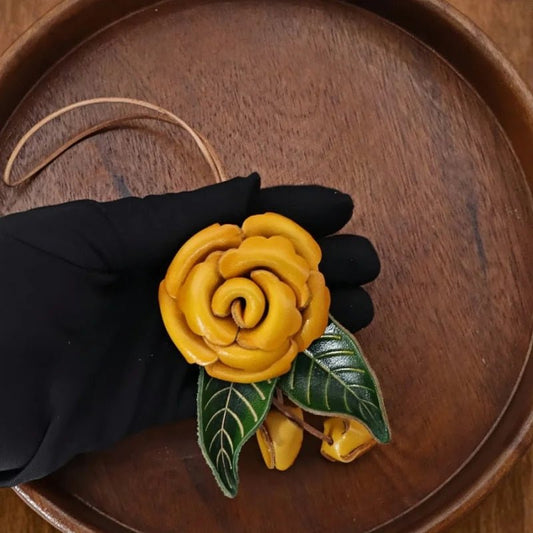 Yellow Rose Leather Bag Charm – Handmade Full - Grain Cowhide Floral Pendant | Hand - Polished Accessory for Tote & Purse Decoration - Tomlynam