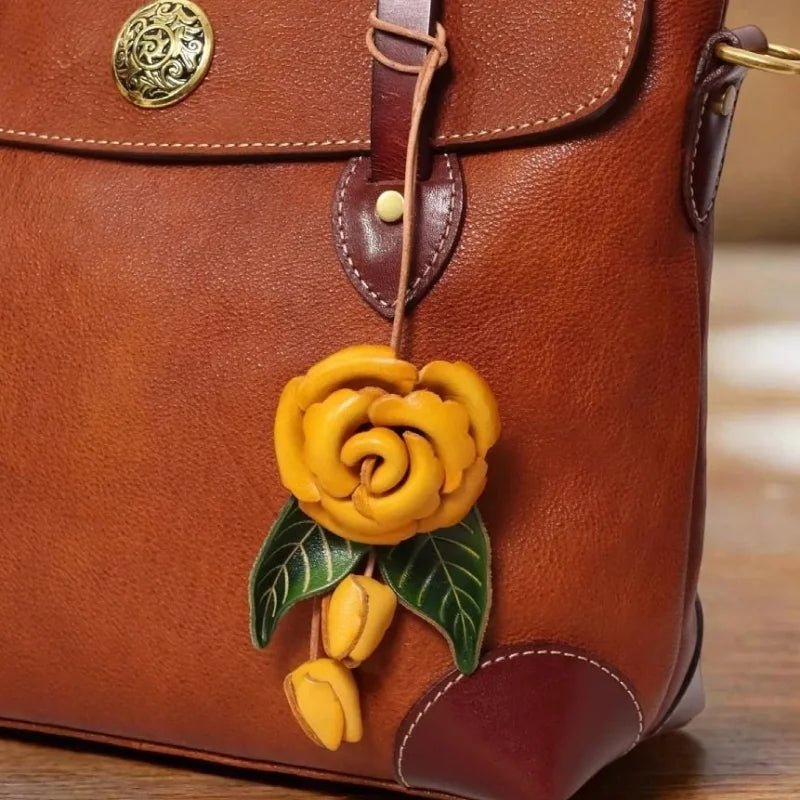 Yellow Rose Leather Bag Charm – Handmade Full - Grain Cowhide Floral Pendant | Hand - Polished Accessory for Tote & Purse Decoration - Tomlynam